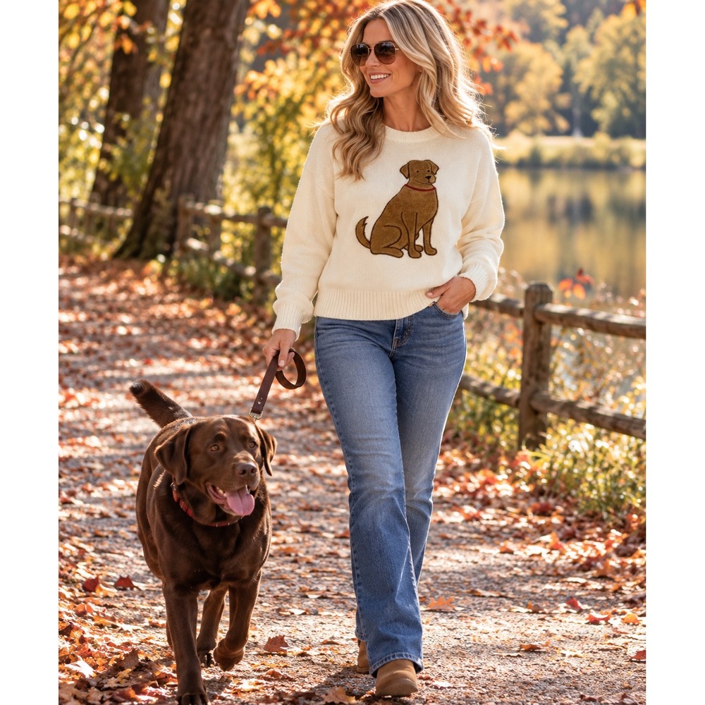 Threaded Leaf Dog Lover Graphic Sweater Womens Medium Cream Furry Labrador EUC
